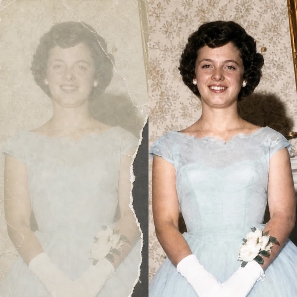 A damaged old photograph on the left and the same photograph restored on the right